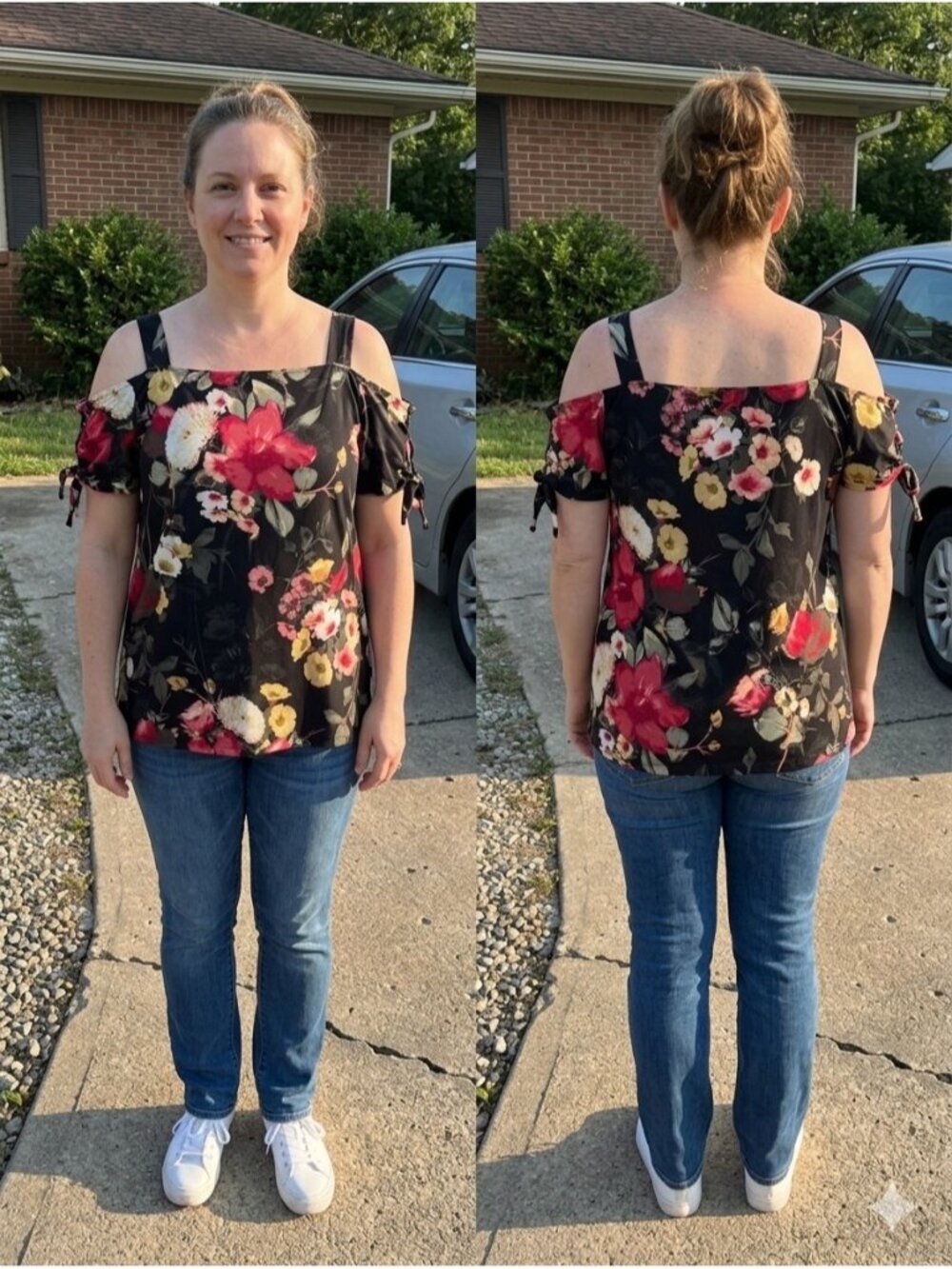 INC International Concepts Floral Cold Shoulder Tie Sleeve Top L Boho Whimsigoth